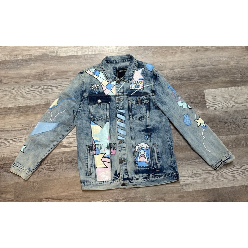 Reason‎ Clothing Brand Neo World Denim Trucker Jean Blue Jacket Sz XL Graphics